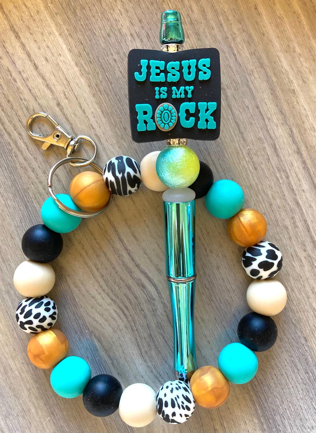 Beaded Gold Jesus Is My Rock Wristlet And Pen Set