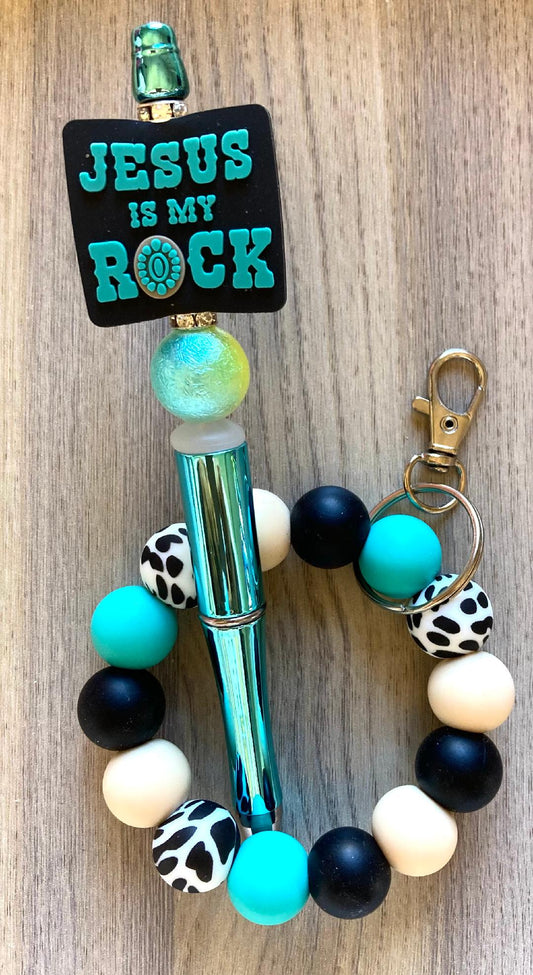 Beaded Jesus Is My Rock Wristlet And Pen Set