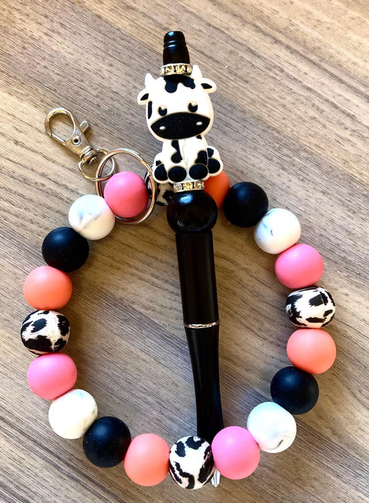 Beaded Black Cow  Wristlet And Pen Set