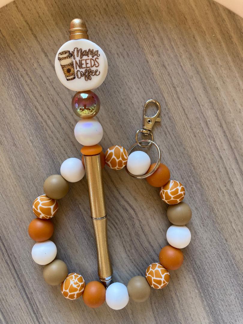 Beaded Coffee Wristlet And Pen Set