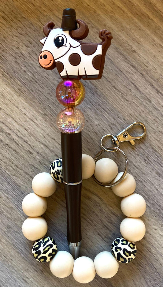 Beaded Brown Cow Wristlet And Pen Set