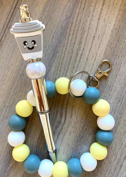 Beaded Grey Coffee Wristlet And Pen Set