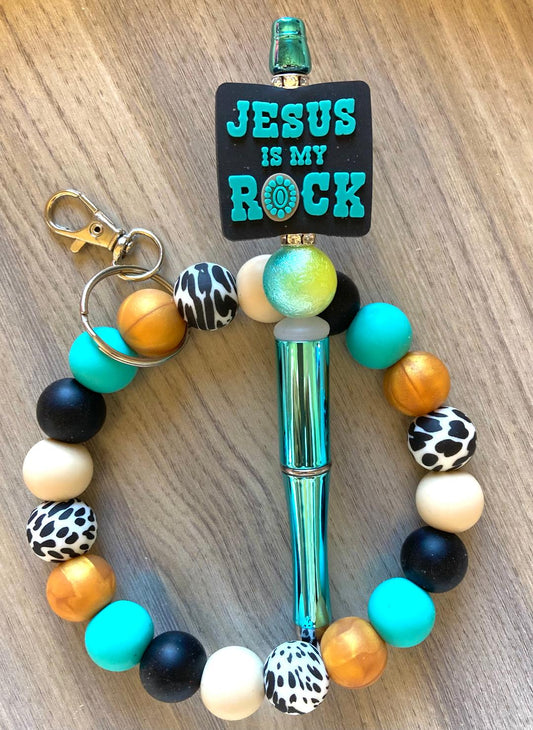 Beaded Gold Jesus Is My Rock Wristlet And Pen Set