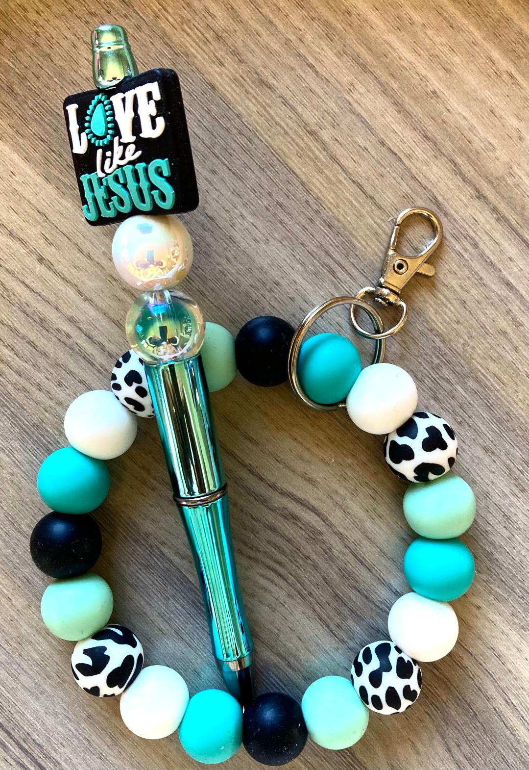 Beaded Cow Print Love Like Jesus Wristlet And Pen Set
