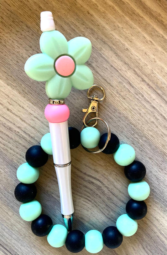 Beaded Mint Flower Wristlet And Pen Set