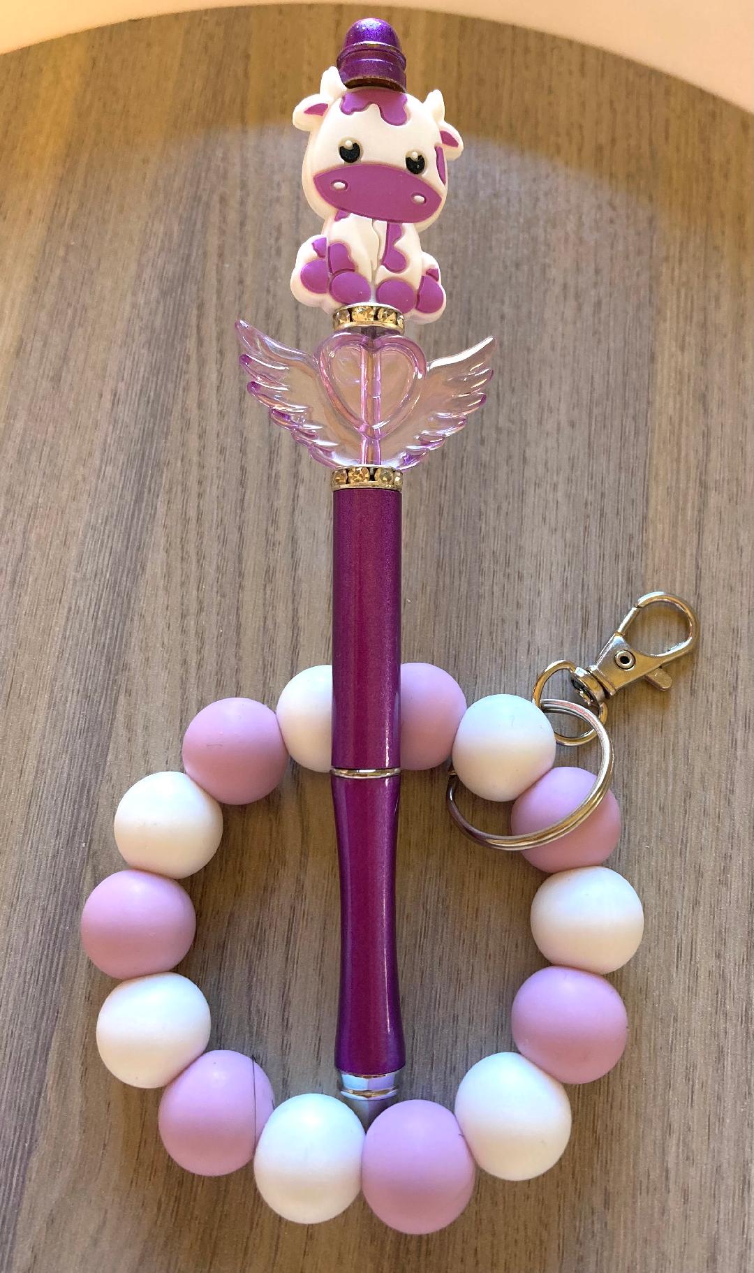Beaded Purple Cow Wristlet And Pen Set
